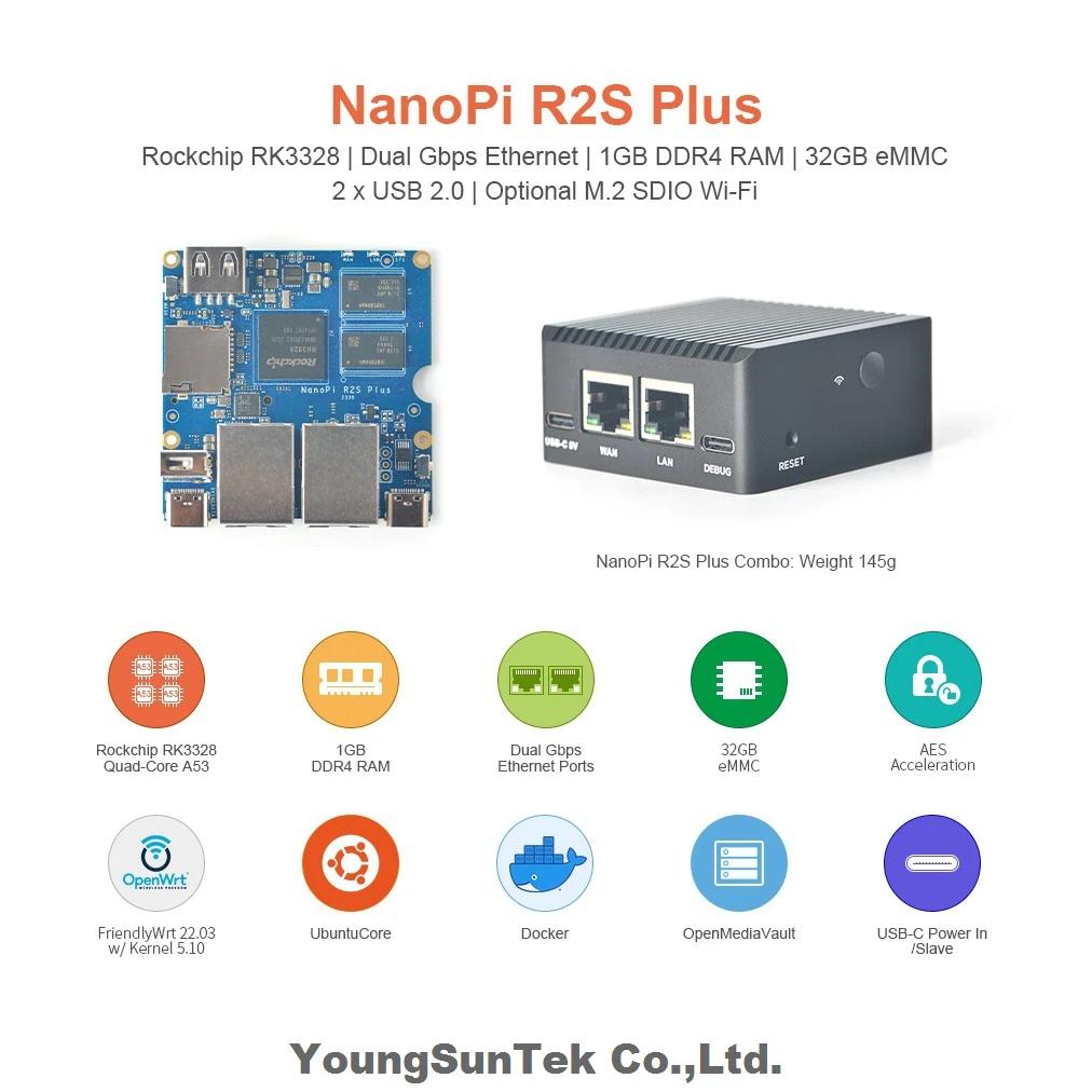  R2S PLUS LTS & ޺, 1GB RAM  32G eMMC, YoungSunTek 2x1KMb LAN,M2.0  RK3328,  Cortex-A53,OpenWRT,U-, 